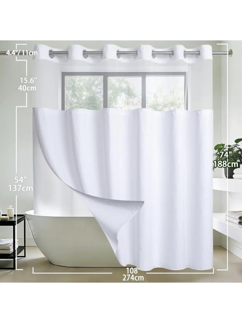 Extra Wide Waterproof Waffle Weave Shower Curtain Set with Snap-in Liner, 108x74